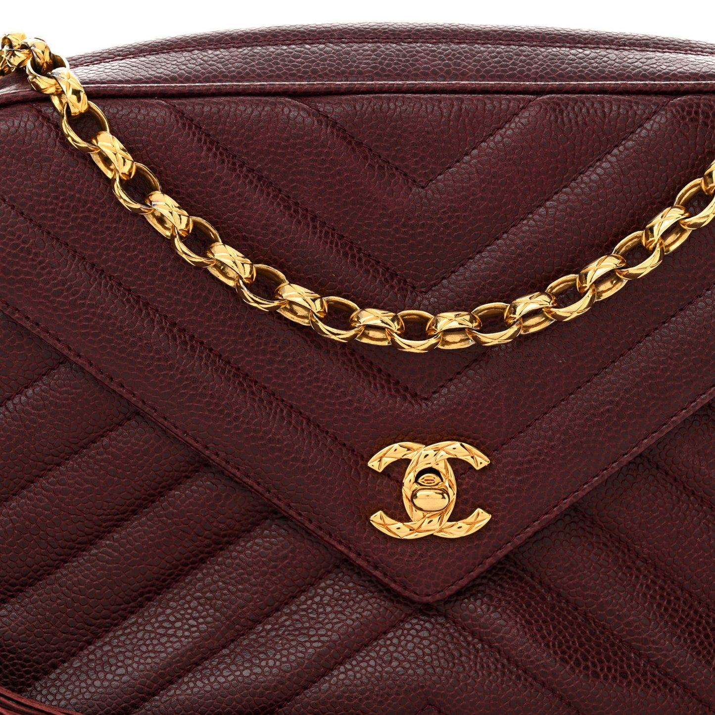 Caviar Chevron Quilted Tassel Camera Case Burgundy