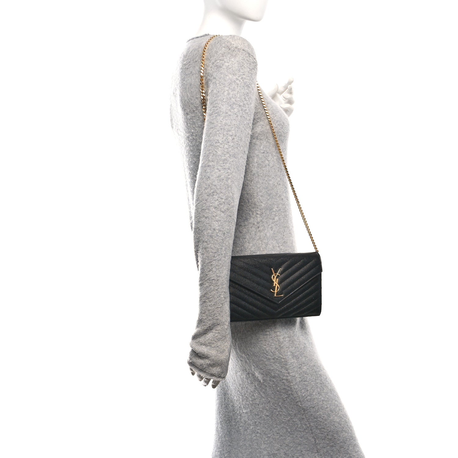 Saint Laurent Grain De Poudre Matelasse Chevron Monogram Chain Wallet Black 2 of 11