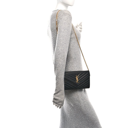 Saint Laurent Grain De Poudre Matelasse Chevron Monogram Chain Wallet Black 2 of 11
