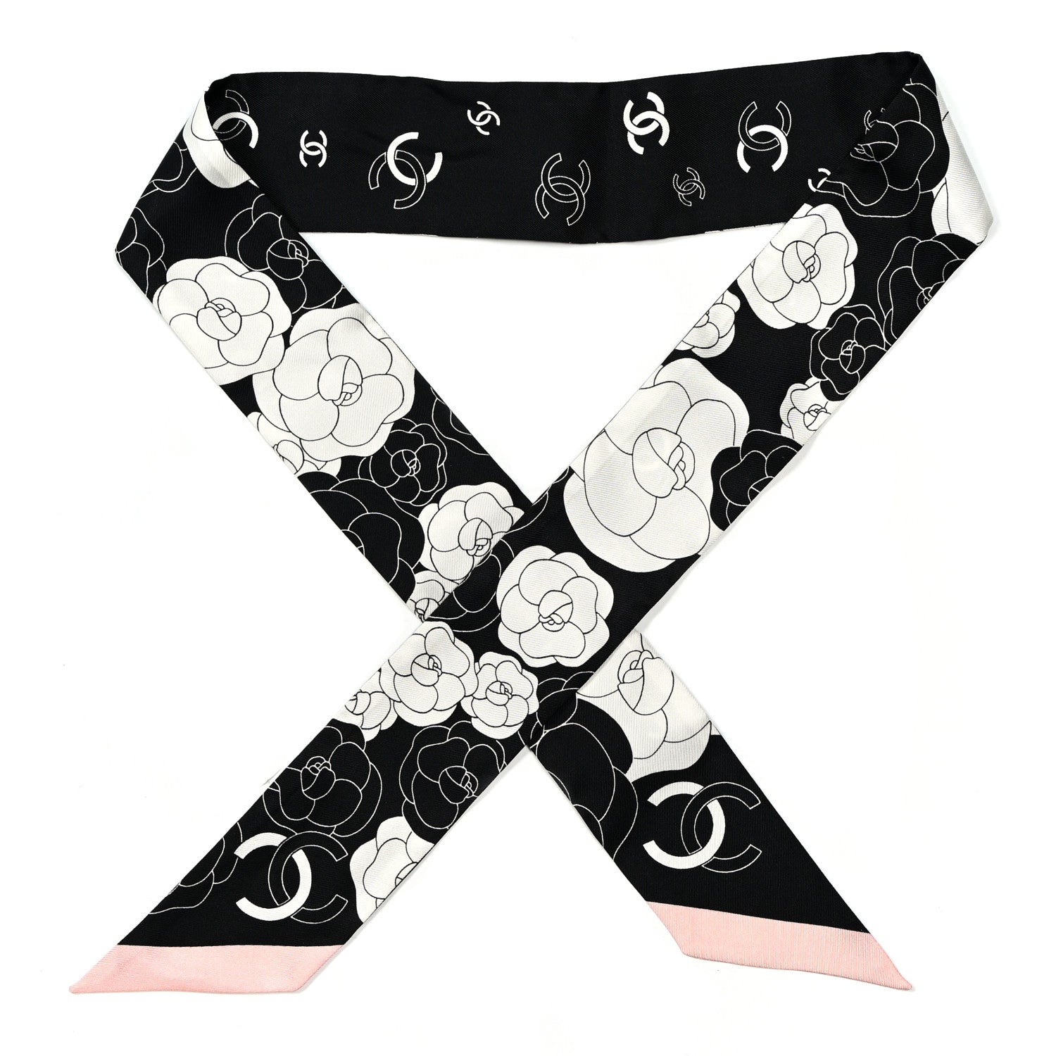 Chanel Silk Slim Camellia CC Bandeau Scarf Black White Pink 1 of 4