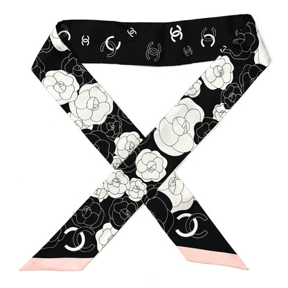 Chanel Silk Slim Camellia CC Bandeau Scarf Black White Pink 1 of 4