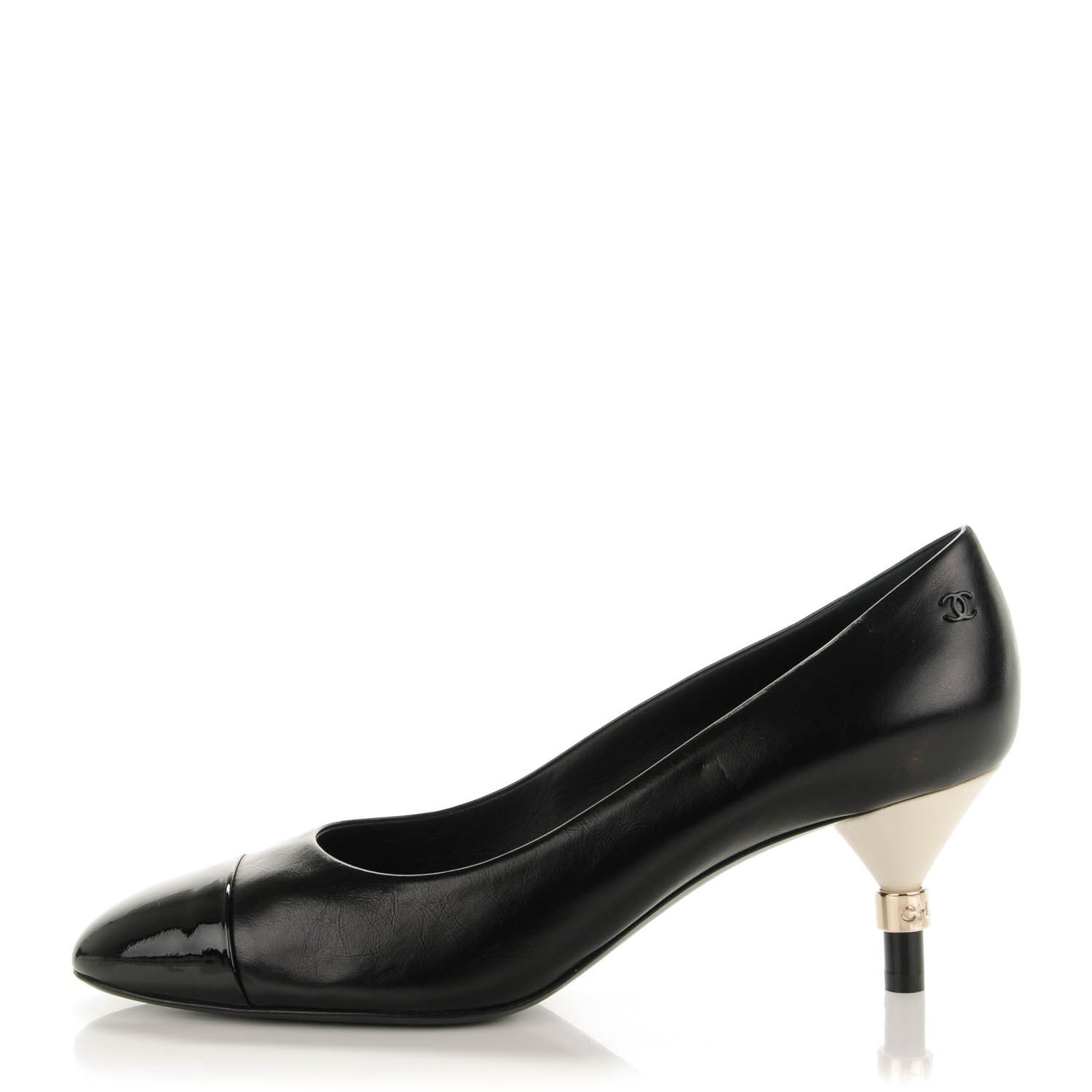 Chanel Calfskin Patent Cap Toe CC Pumps 39.5 Black White 1 of 7
