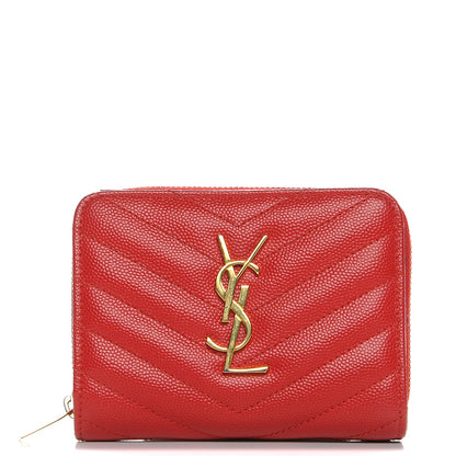 Saint Laurent Grain De Poudre Matelasse Chevron Monogram Compact Zip Around Wallet Red 1 of 12