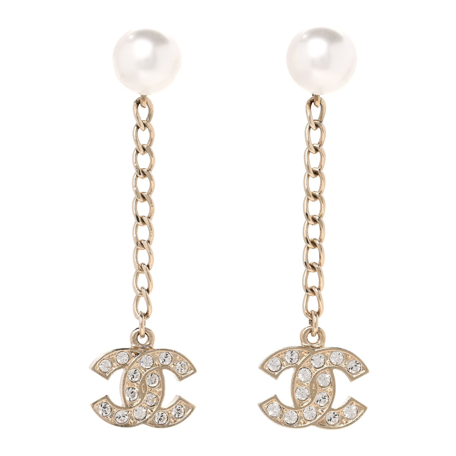 Chanel Pearl Crystal CC Long Drop Earrings Gold 1 of 5
