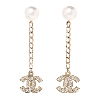 Chanel Pearl Crystal CC Long Drop Earrings Gold 1 of 5