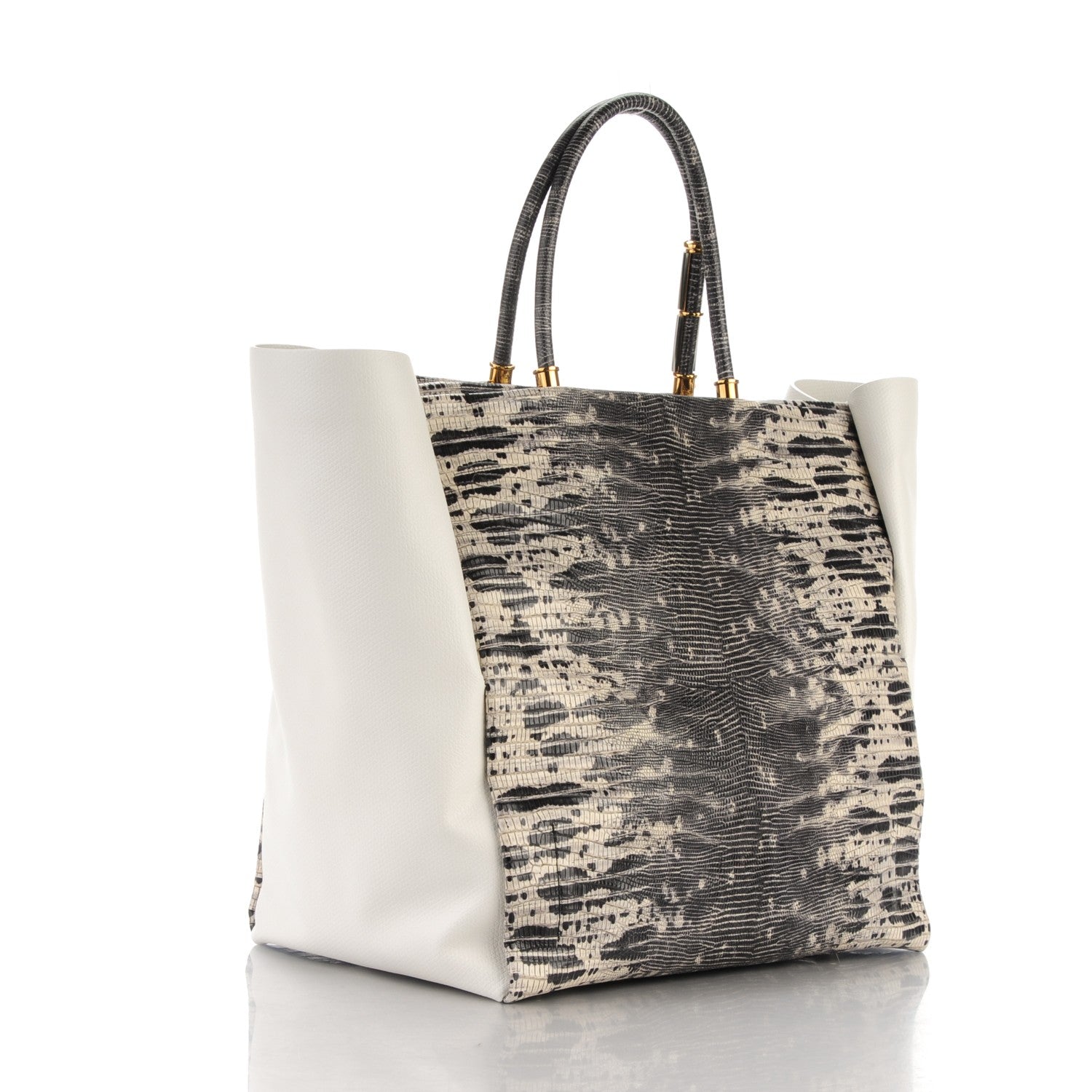 Lanvin Lizard Effect Moonriver Tote Calfskin Tote Black White 3 of 7
