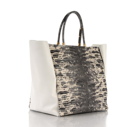 Lanvin Lizard Effect Moonriver Tote Calfskin Tote Black White 3 of 7