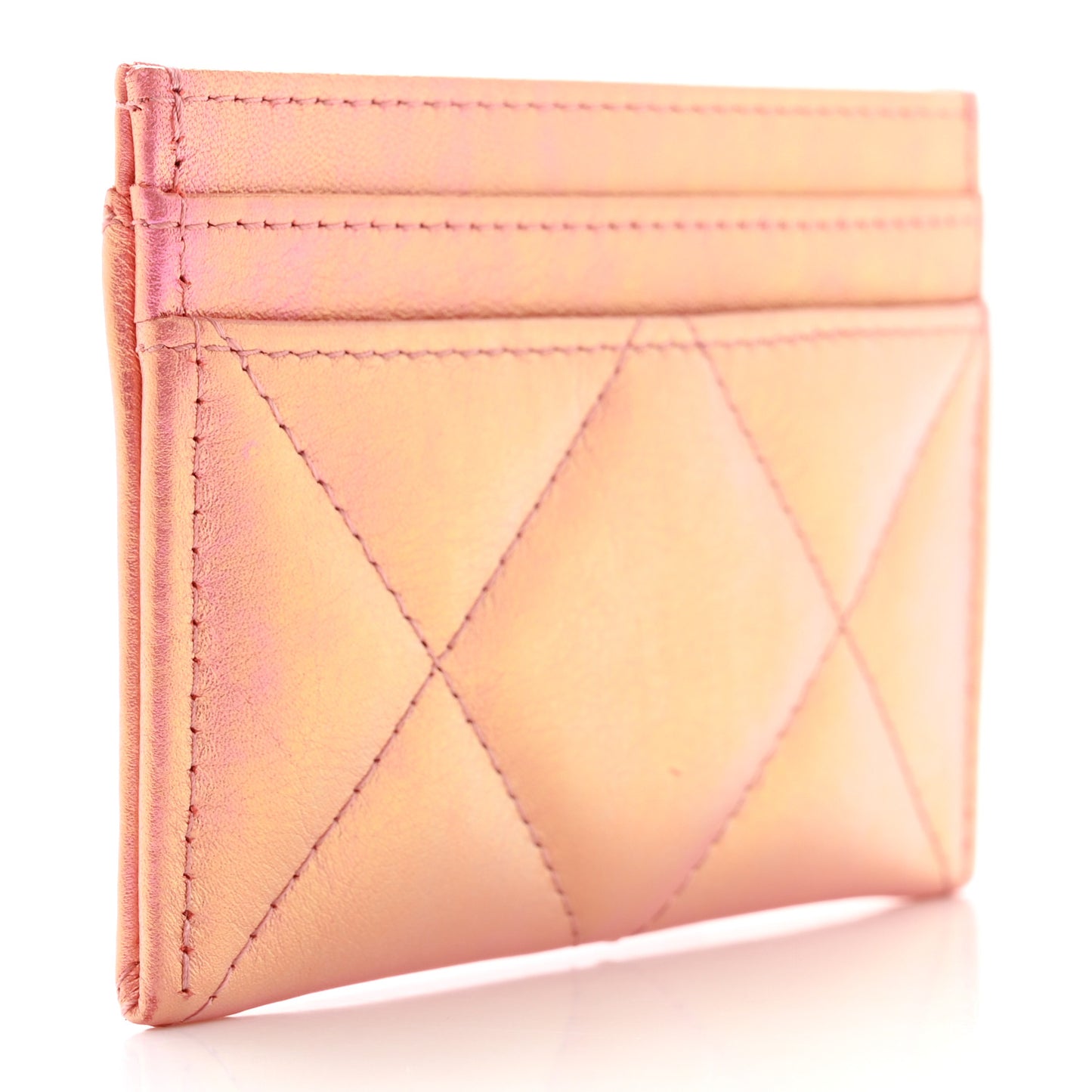 Iridescent Calfskin Quilted Chanel 19 Card Holder Pink