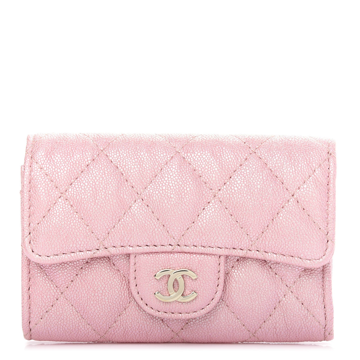 Iridescent Caviar Quilted Flap Card Holder Rose Pink