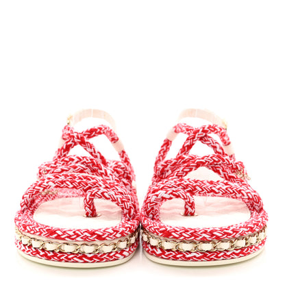 Chanel Lambskin Cord Chain CC Sandals 37 Red White 2 of 12