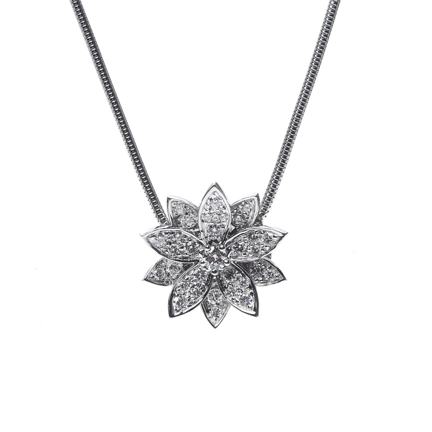 18K White Gold Diamond Small Lotus Pendant Necklace