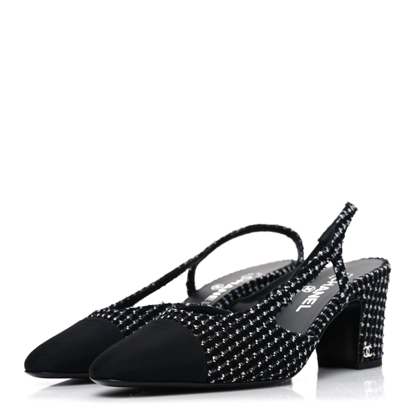 Tweed Grosgrain Cap Toe CC Slingback Pumps 40.5 Black White