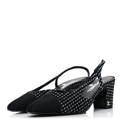 Chanel Tweed Grosgrain Cap Toe CC Slingback Pumps 40.5 Black White 4 of 11