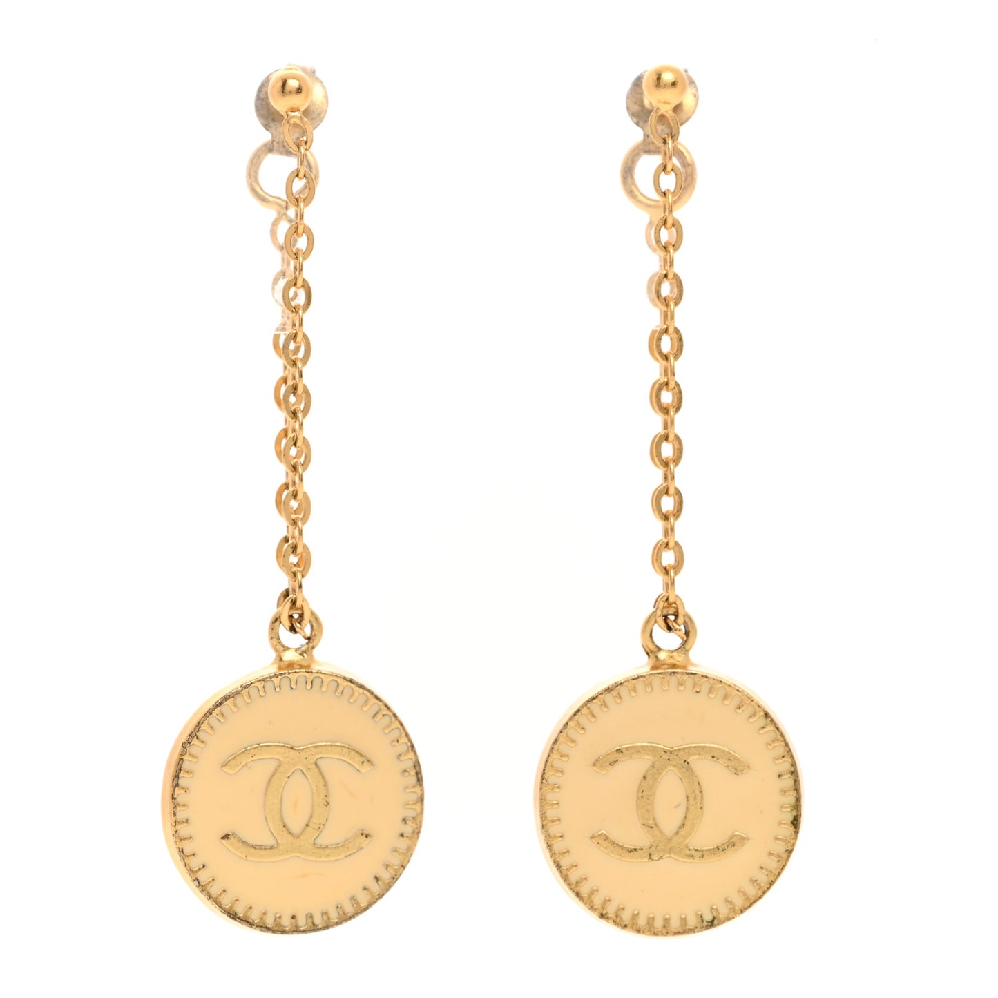 Enamel CC Round Drop Earrings Beige Gold