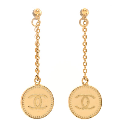 Chanel Enamel CC Round Drop Earrings Beige Gold 1 of 4