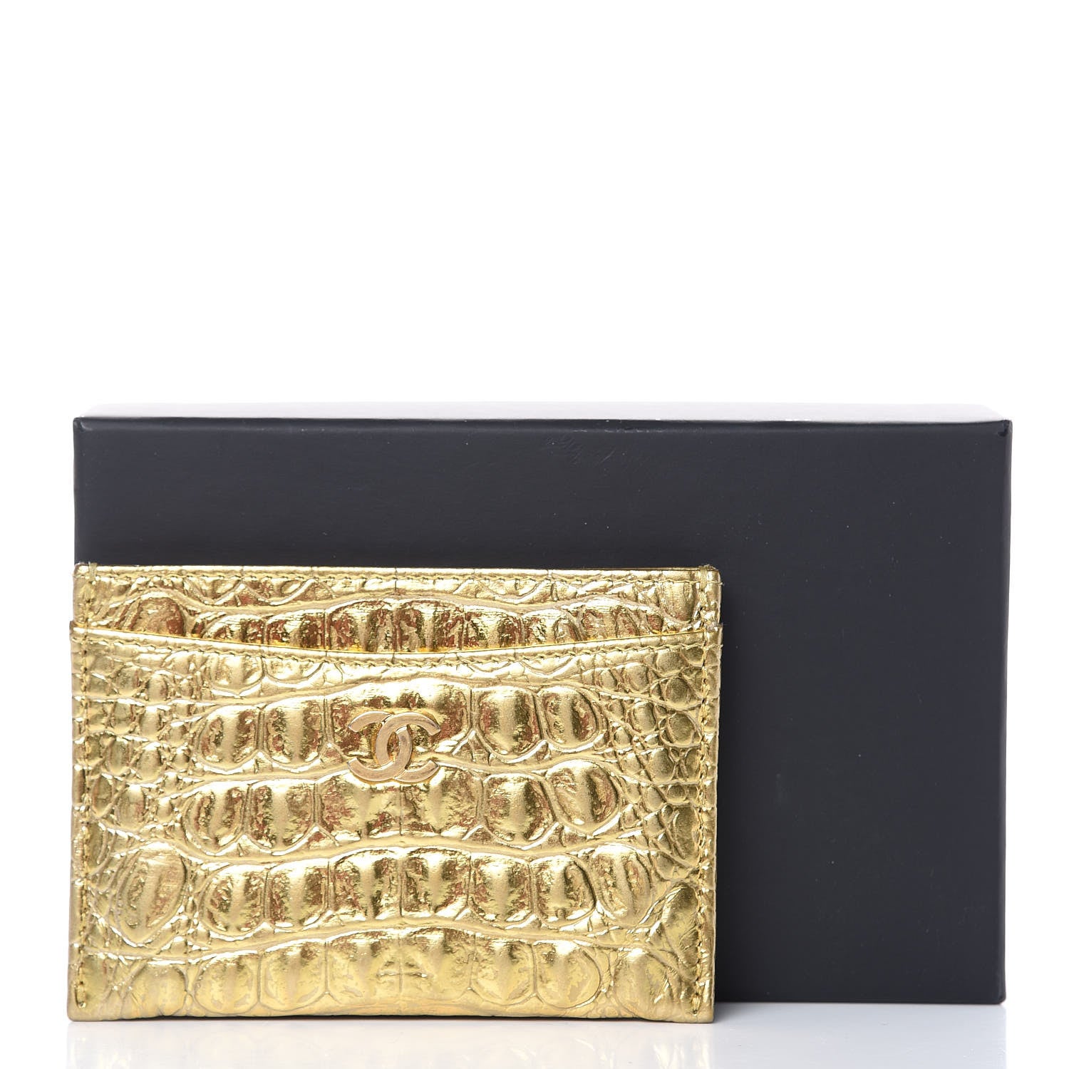Chanel Metallic Calfskin Crocodile Embossed Cocodile Card Holder Gold 11 of 11