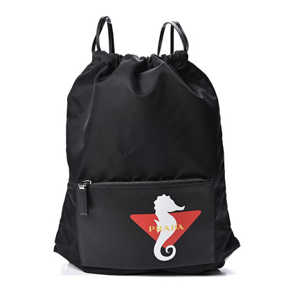 Prada Tessuto Nylon Saffiano Seahorse Drawstring Backpack Black 1 of 9