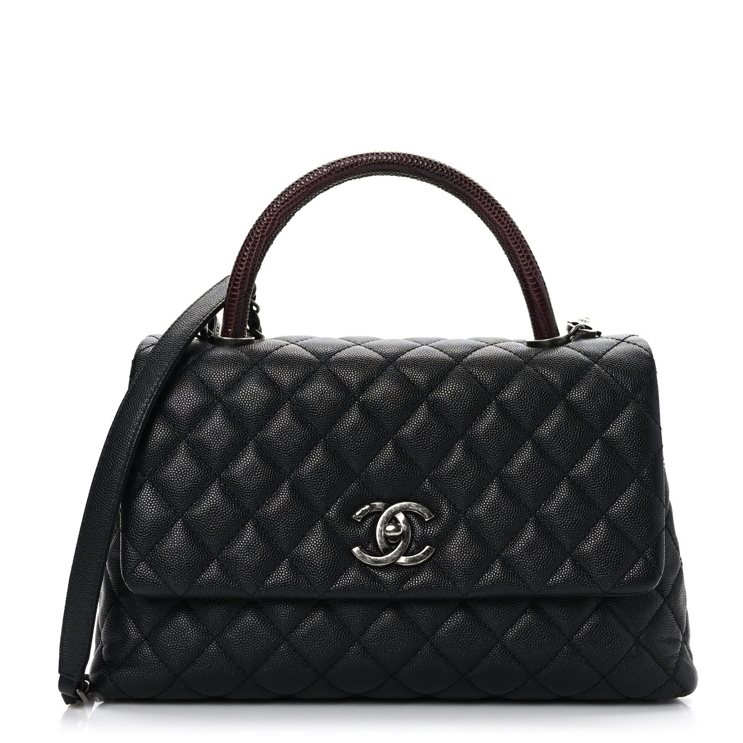 Caviar Lizard Embossed Quilted Small Coco Handle Flap Black