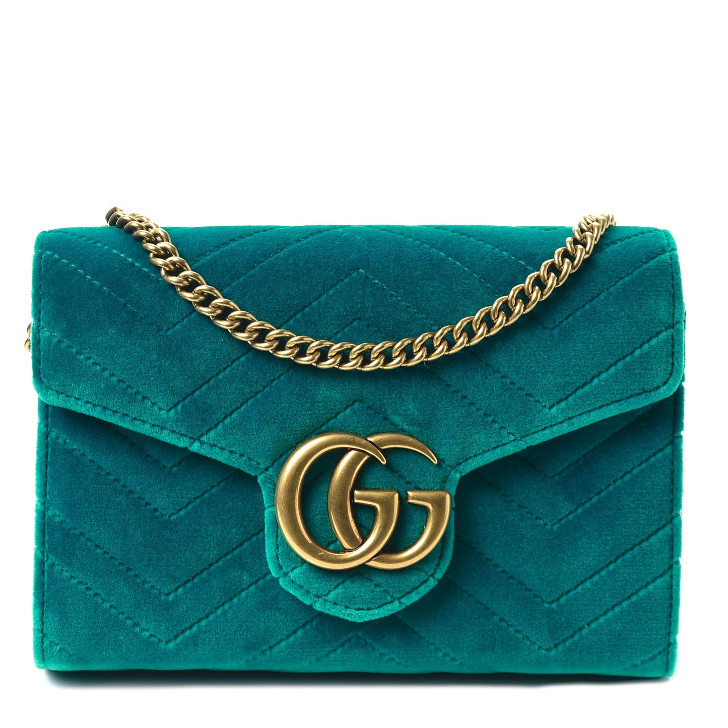 Velvet Matelasse GG Marmont Chain Wallet Pavone Cyan