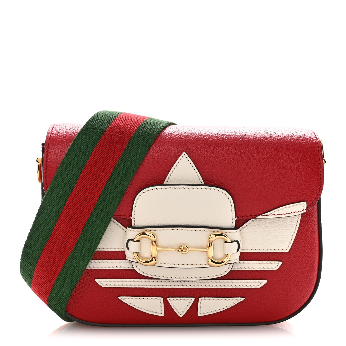 X ADIDAS Textured Dollar Calfskin Web Trefoil Mini Horsebit 1955 Shoulder Bag Hibiscus Red Off White