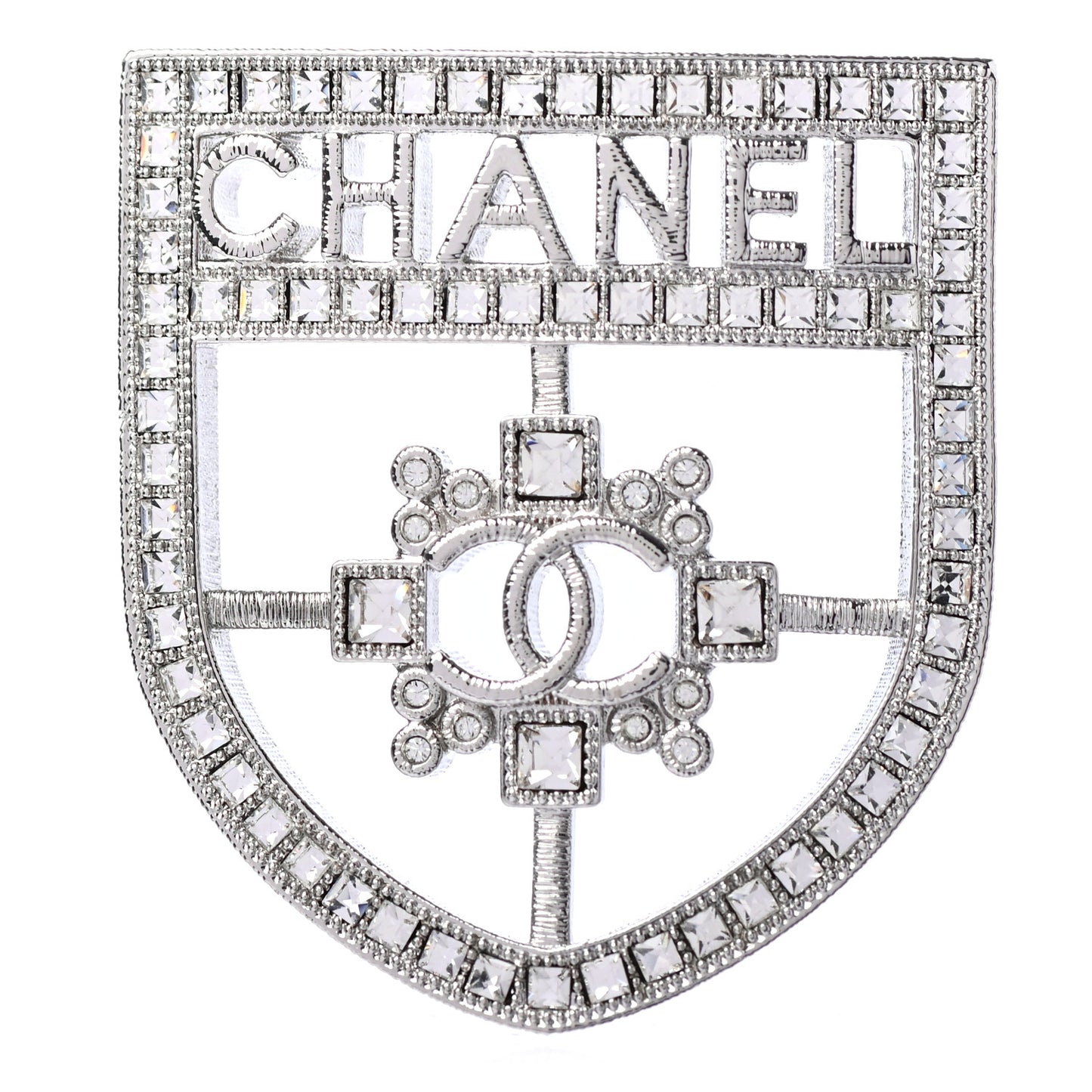 Swarovski Baguette Crystal CC Shield Brooch Silver