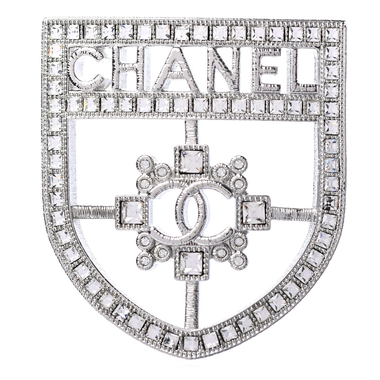 Chanel Swarovski Baguette Crystal CC Shield Brooch Silver 1 of 4