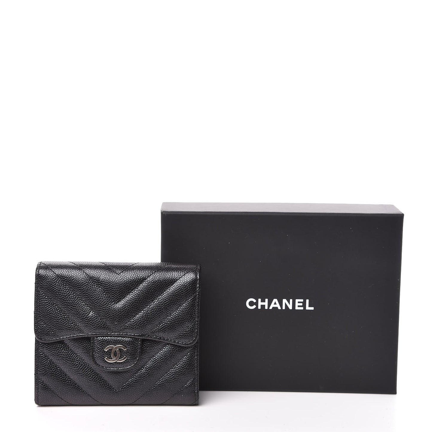 Iridescent Caviar Chevron Quilted Compact Flap Wallet Black