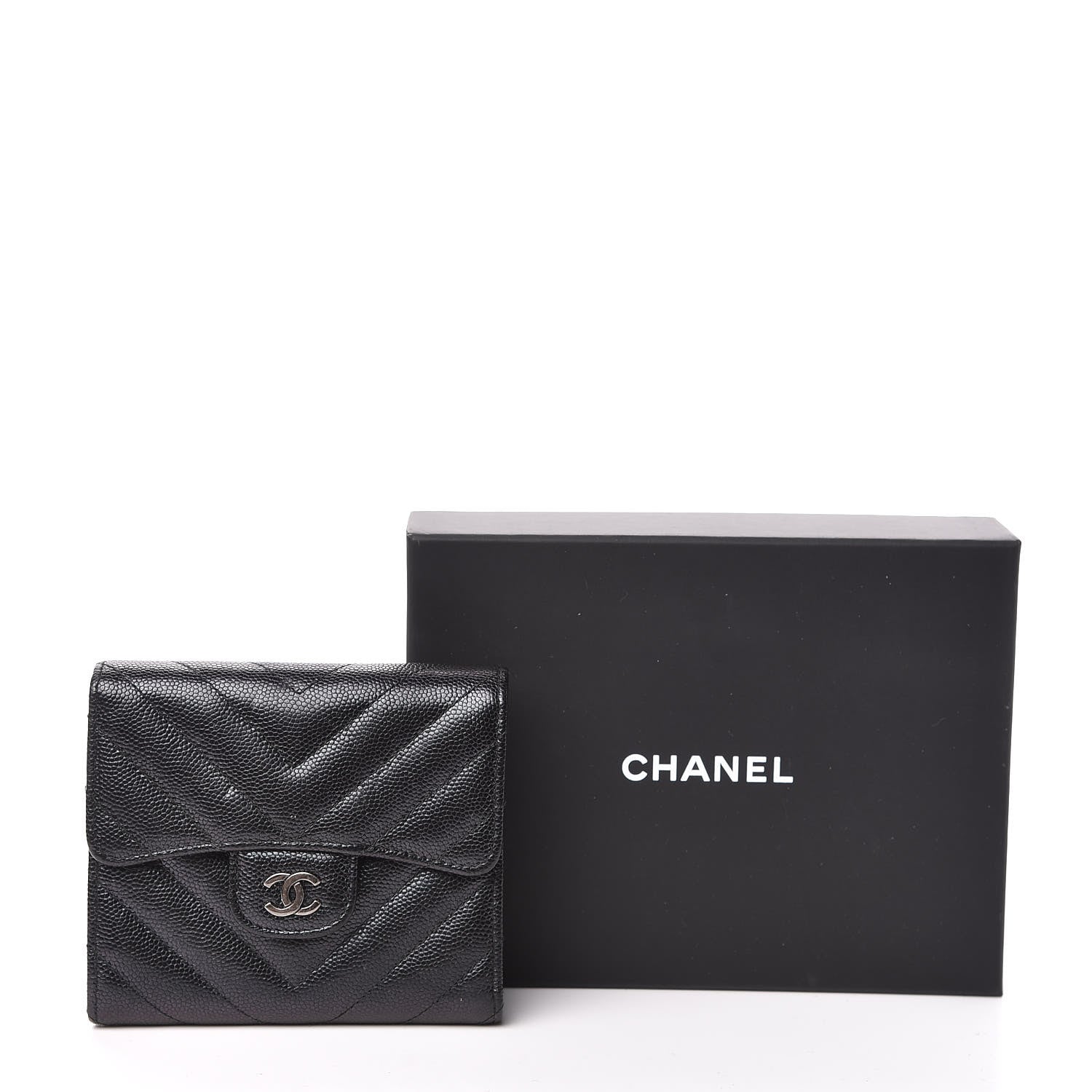 Chanel Iridescent Caviar Chevron Quilted Compact Flap Wallet Black 10 of 10