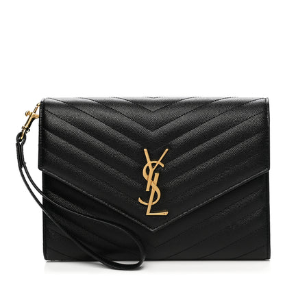 Saint Laurent Grain De Poudre Matelasse Chevron Monogram Envelope Clutch Black 1 of 9