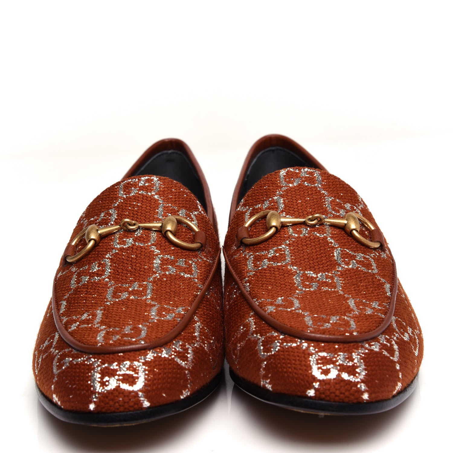 Gucci Canvas Lame GG Monogram Horsebit Womens Jordaan Loafers 36 Burnt Orange Silver 5 of 12