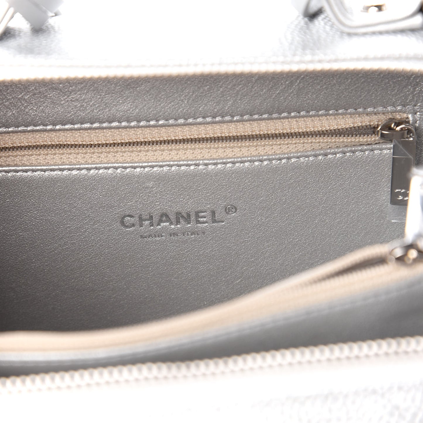 Metallic Caviar Quilted Medium CC Filigree Vanity Case Silver