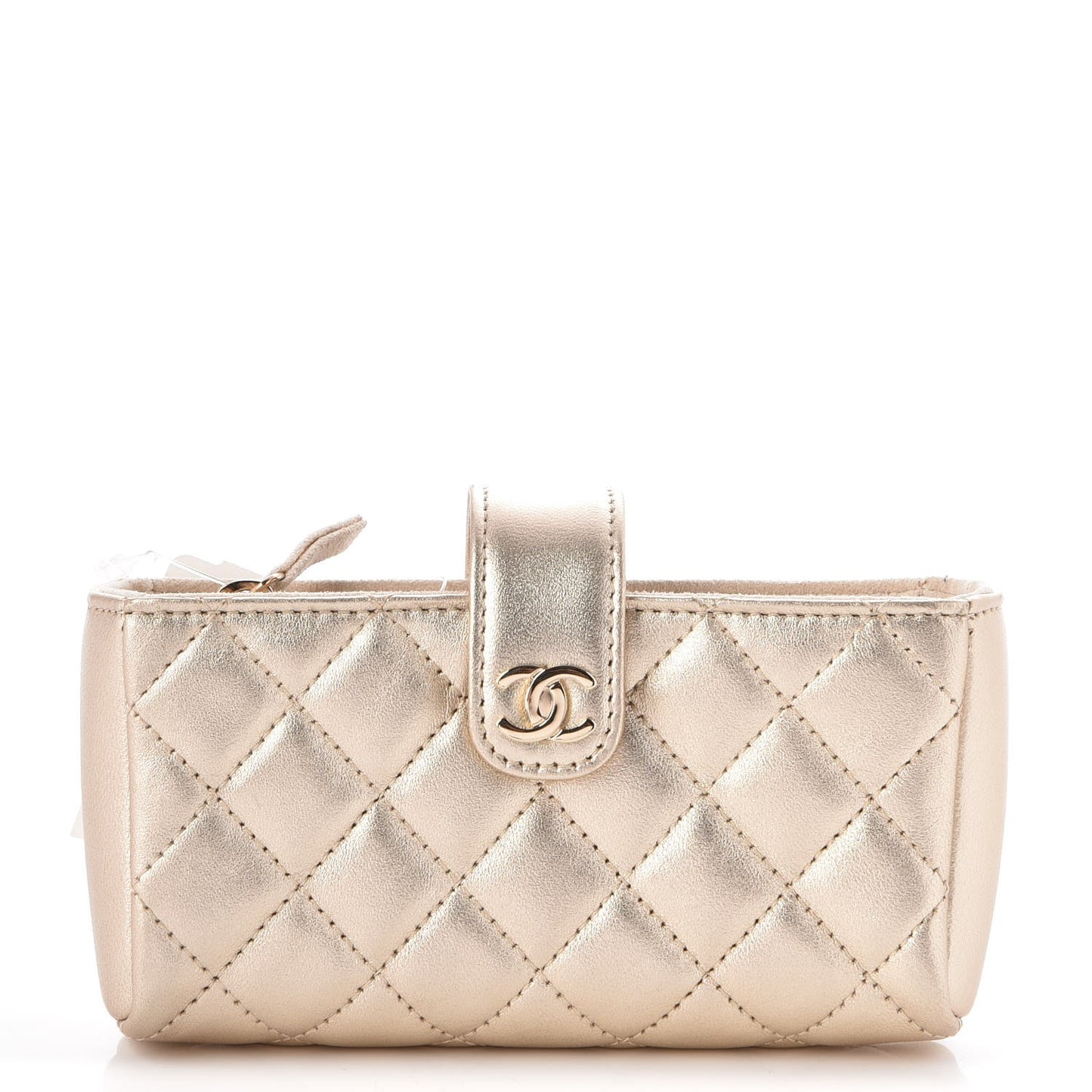 Metallic Calfskin Quilted Mini Phone Holder Clutch Light Gold