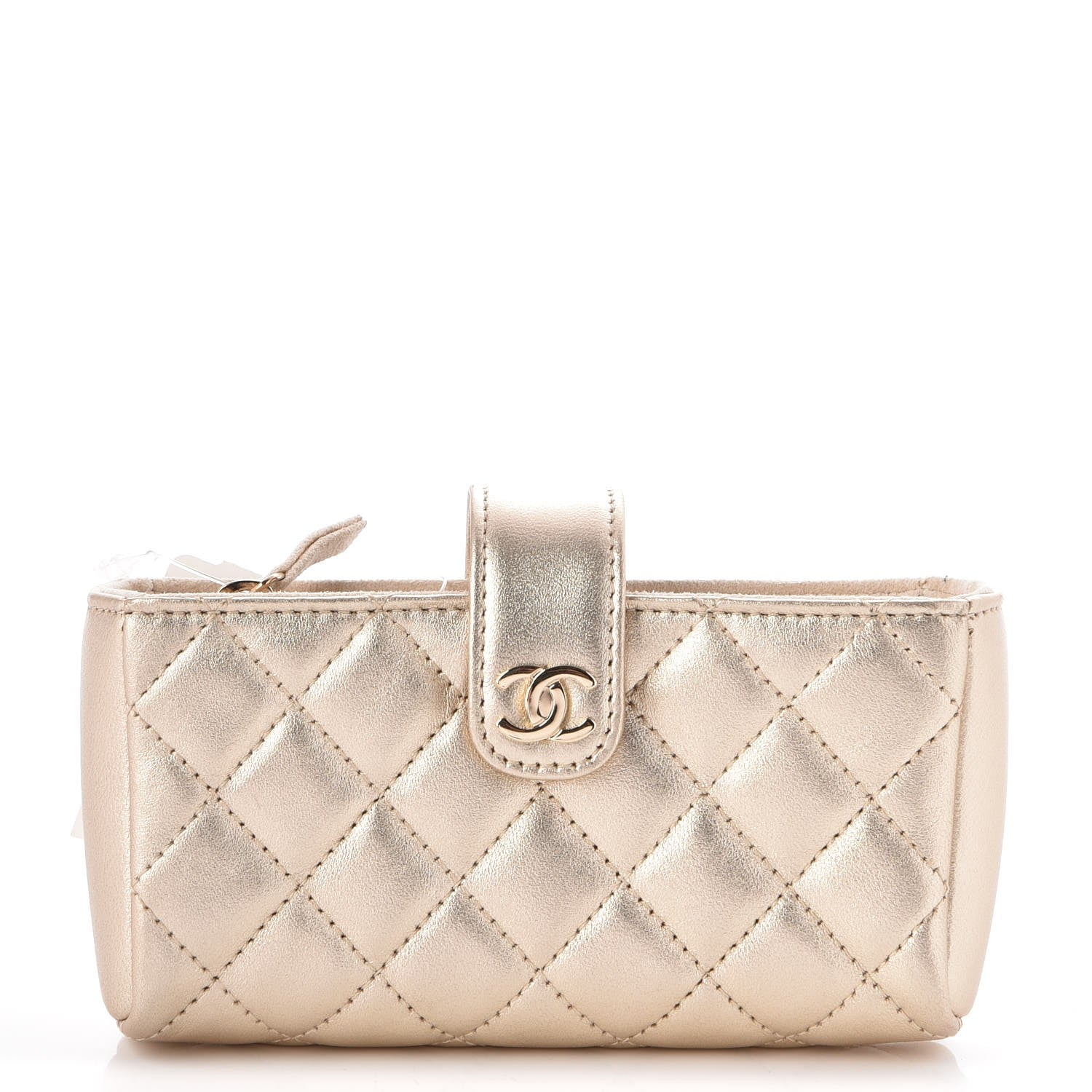 Chanel Metallic Calfskin Quilted Mini Phone Holder Clutch Light Gold 1 of 7