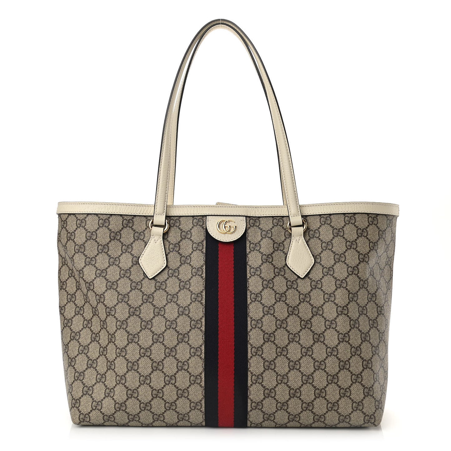 GG Supreme Monogram Textured Dollar Calfskin Web Medium Ophidia Shopping Tote Beige Ebony Mystic White