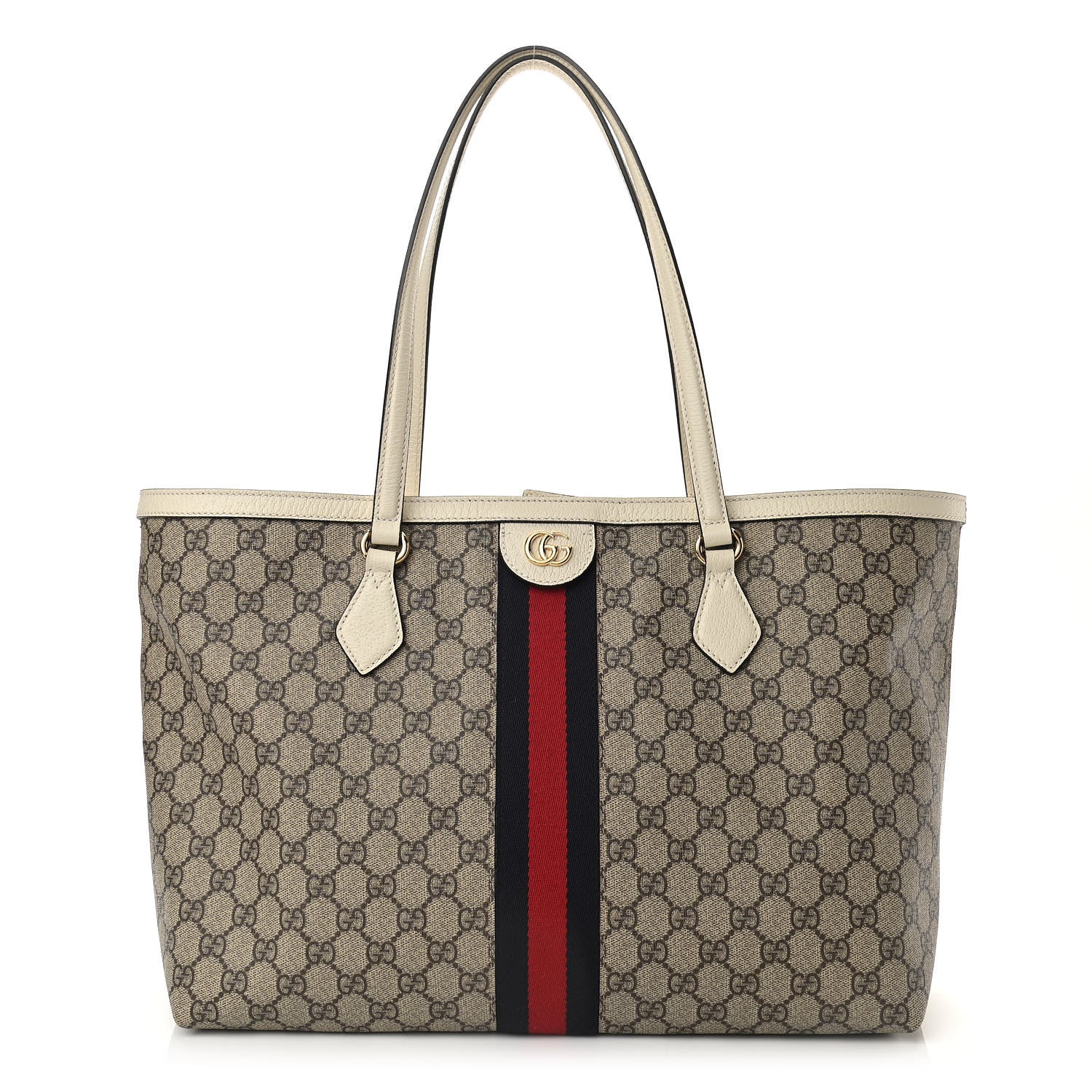 Gucci GG Supreme Monogram Textured Dollar Calfskin Web Medium Ophidia Shopping Tote Beige Ebony Mystic White 1 of 10