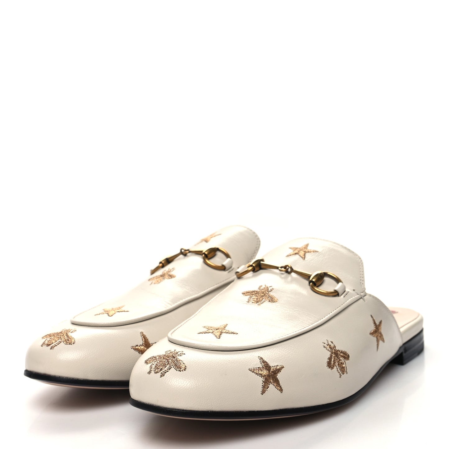 Goatskin Bee Star Embroidered Womens Princetown Slippers 39.5 Mystic White