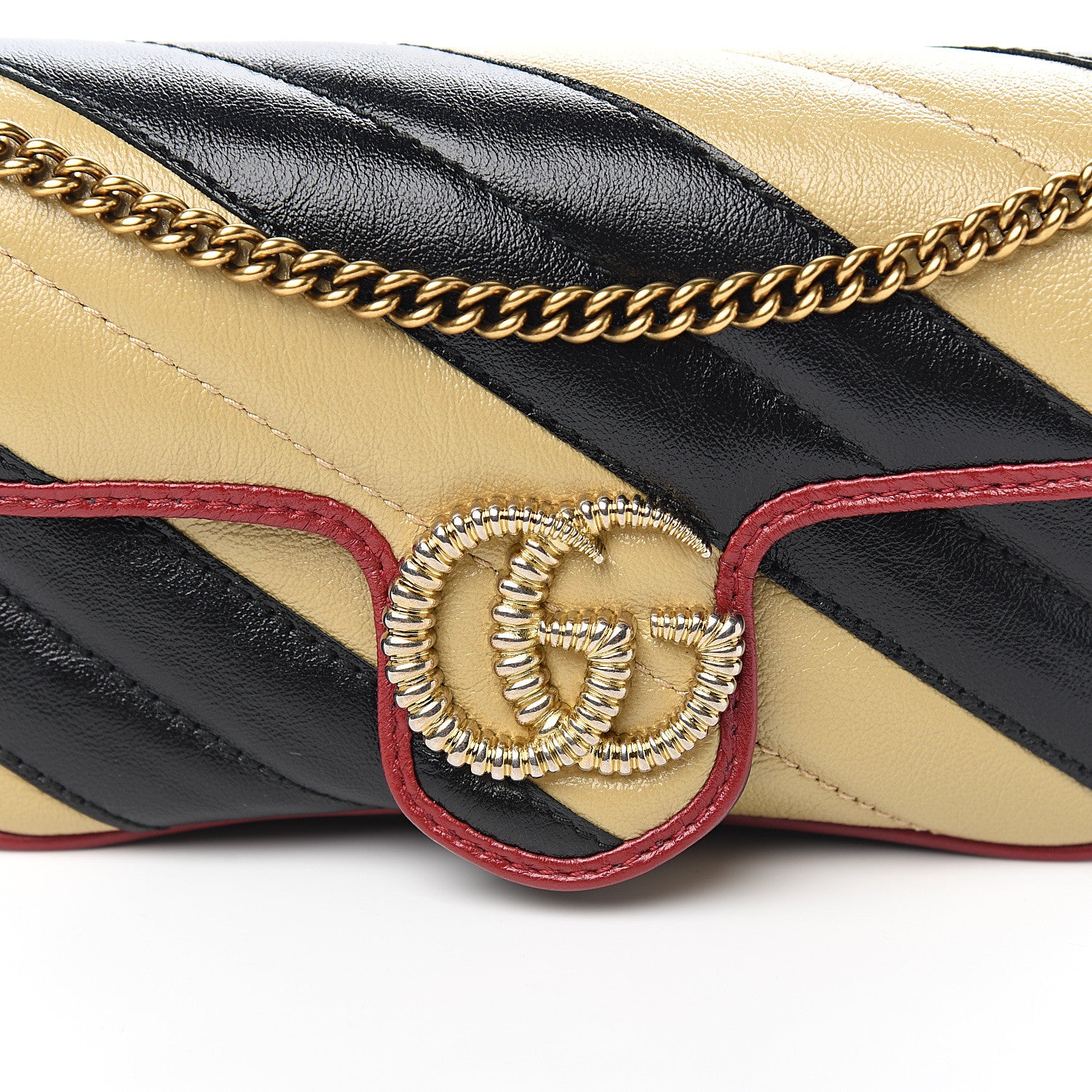 Gucci Vintage Effect Calfskin Matelasse Diagonal Striped Super Mini Torchon GG Marmont Shoulder Bag Black Beige 9 of 9