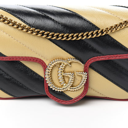 Gucci Vintage Effect Calfskin Matelasse Diagonal Striped Super Mini Torchon GG Marmont Shoulder Bag Black Beige 9 of 9