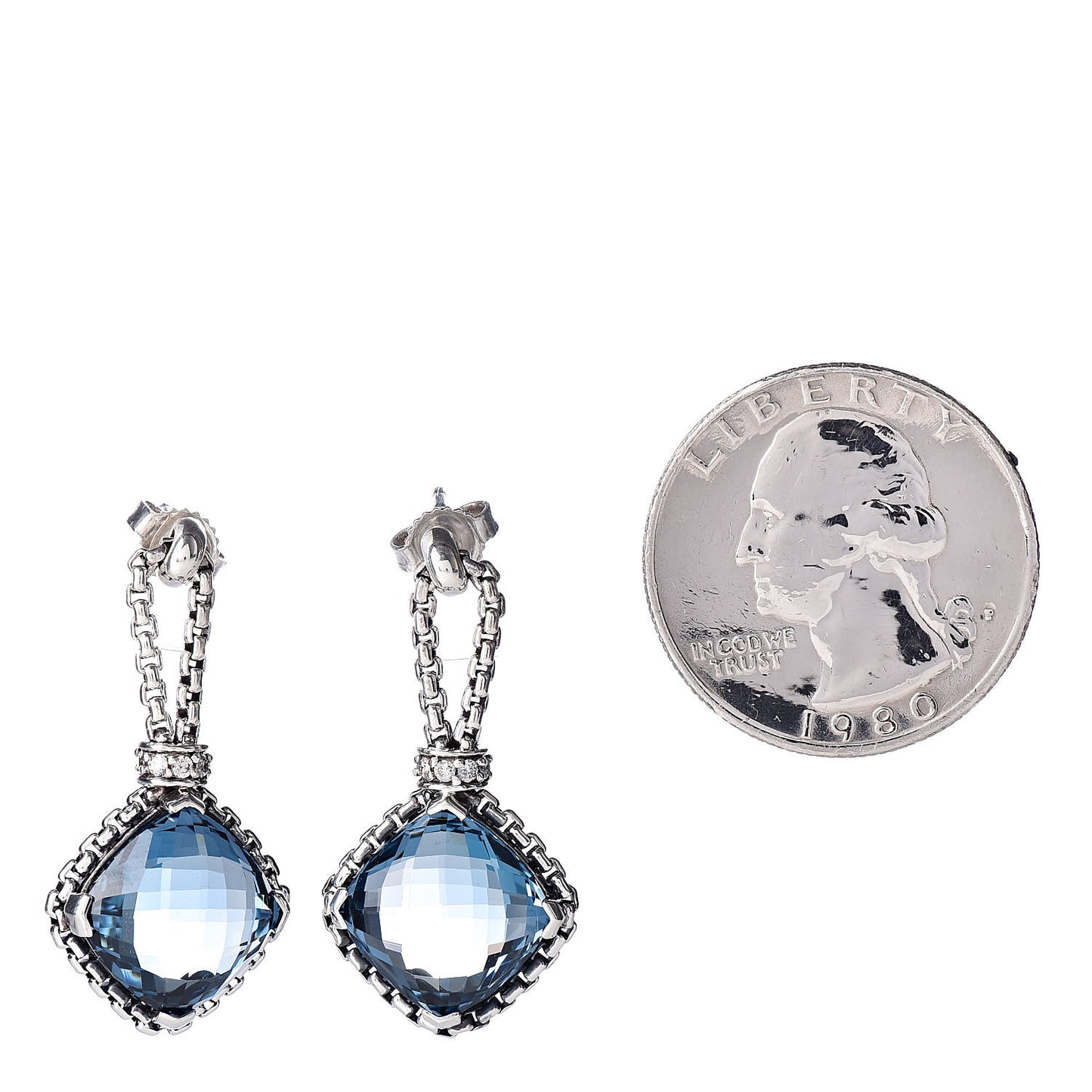 Sterling Silver Diamond Blue Topaz Cushion On Point Drop Earrings