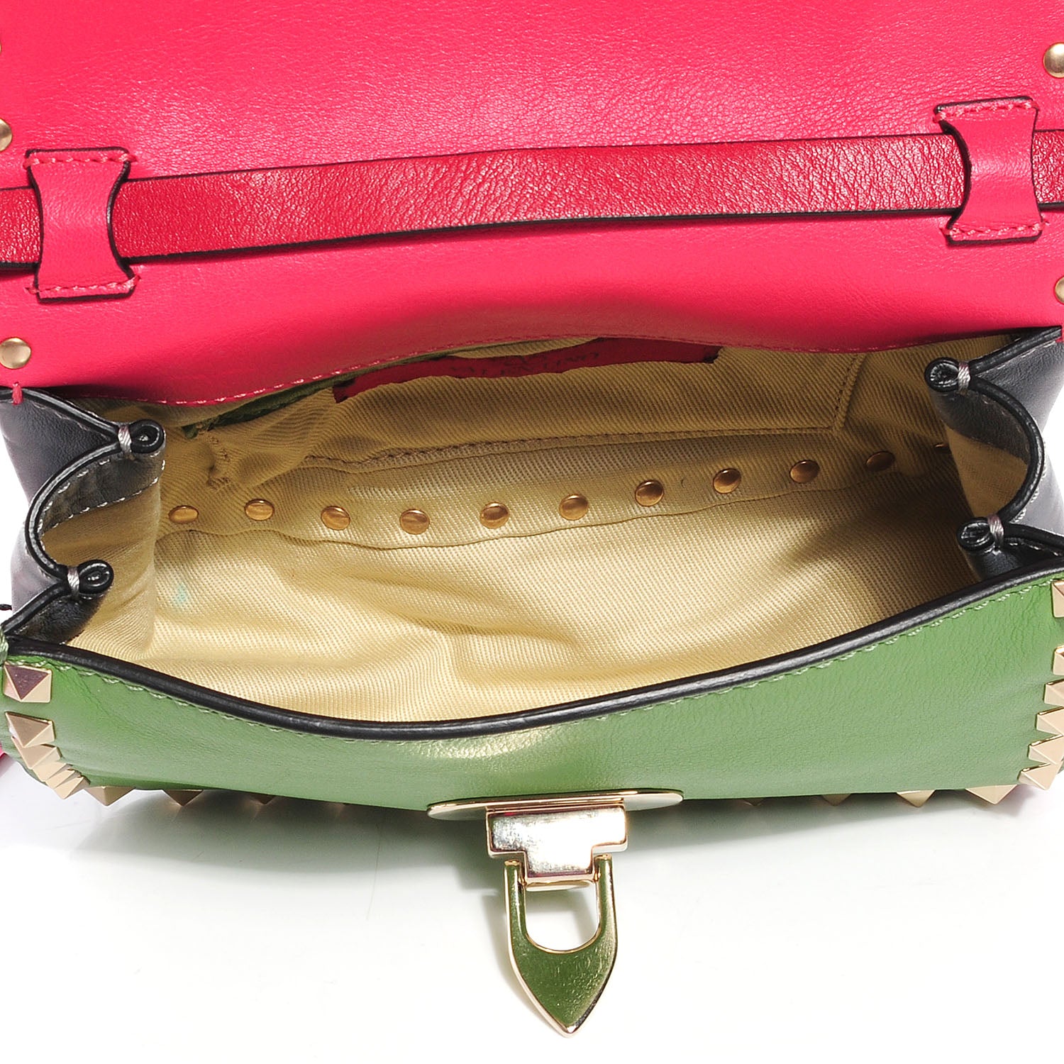 Valentino Garavani Vitello Colorblock Mini Rockstud Flap Saddle Crossbody Bag Deep Rose Green Grey Scarlet 8 of 8