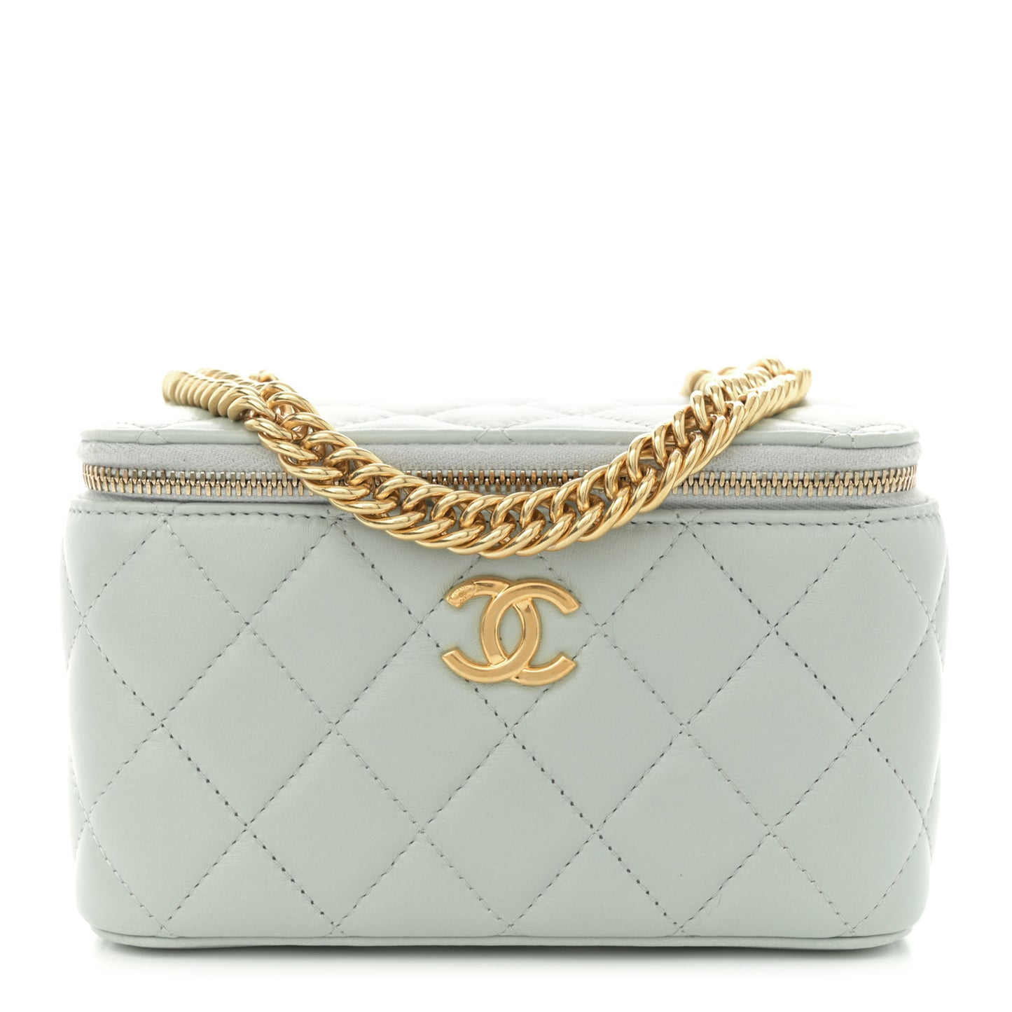 Lambskin Enamel Quilted Logo Small Vanity Case With Chain Light Grey