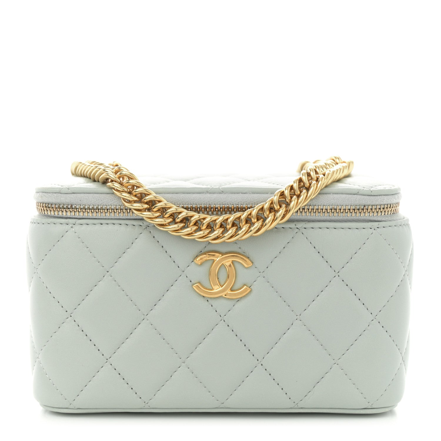 Chanel Lambskin Enamel Quilted Logo Small Vanity Case With Chain Light Grey 1 of 11