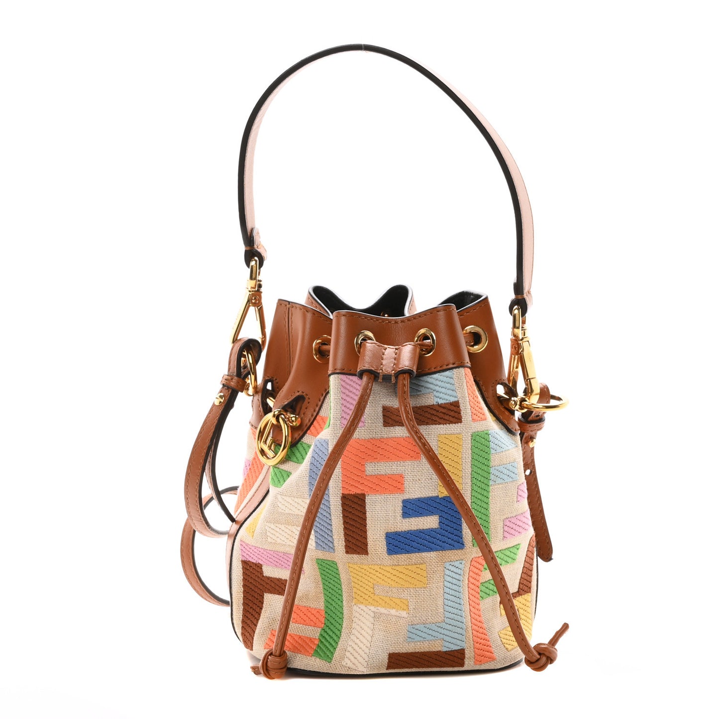 Kuban Canvas Vitello King F is Fendi FF Embroidered Mini Mon Tresor Bucket Bag Multicolor Cuoio