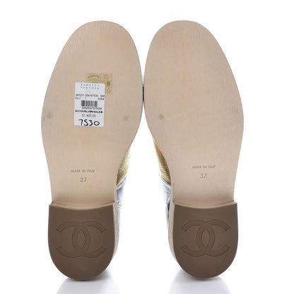 Chanel Metallic Goatskin Patent Calfskin Lizard Lace Up Loafers 37 Light Gold Black Multcolor 5 of 9