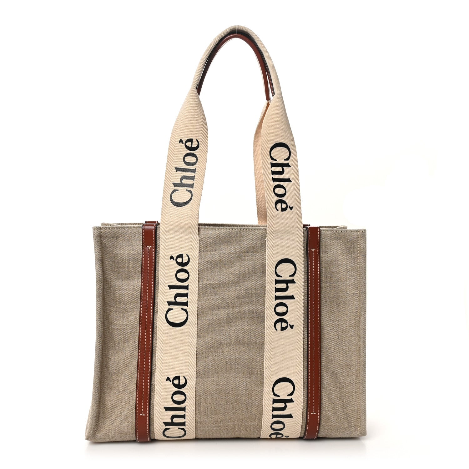Chloe Linen Calfskin Medium Woody Ribbon Tote White Brown 1 of 10