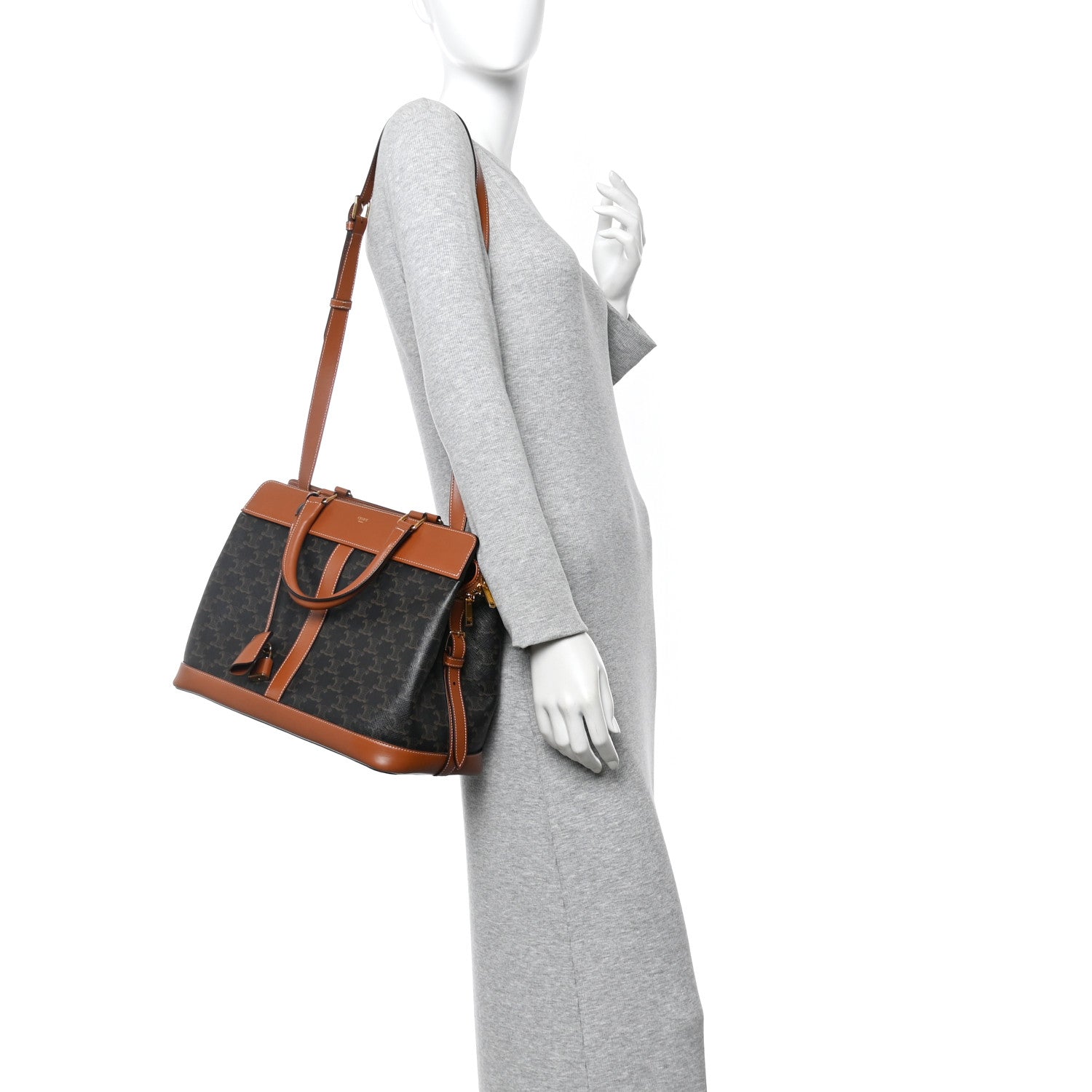 Celine Triomphe Canvas Calfskin Cabas De France Handbag Tan 2 of 12