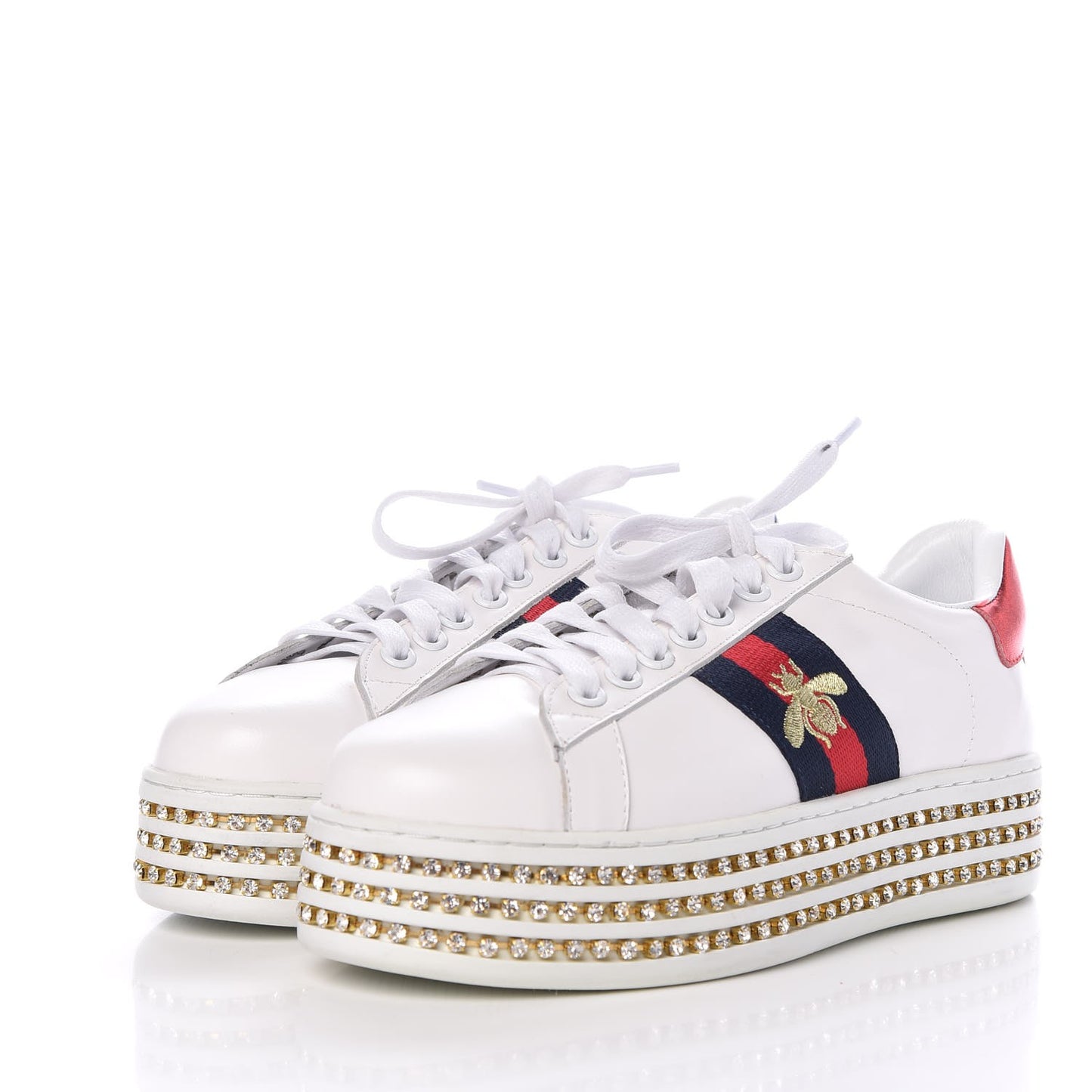 Calfskin Crystal Web Bee Embroidered Womens Ace Platform Sneakers 37 White