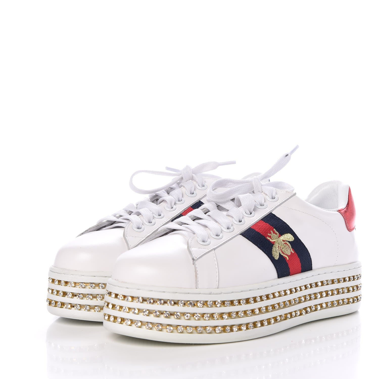 Gucci Calfskin Crystal Web Bee Embroidered Womens Ace Platform Sneakers 37 White 3 of 11