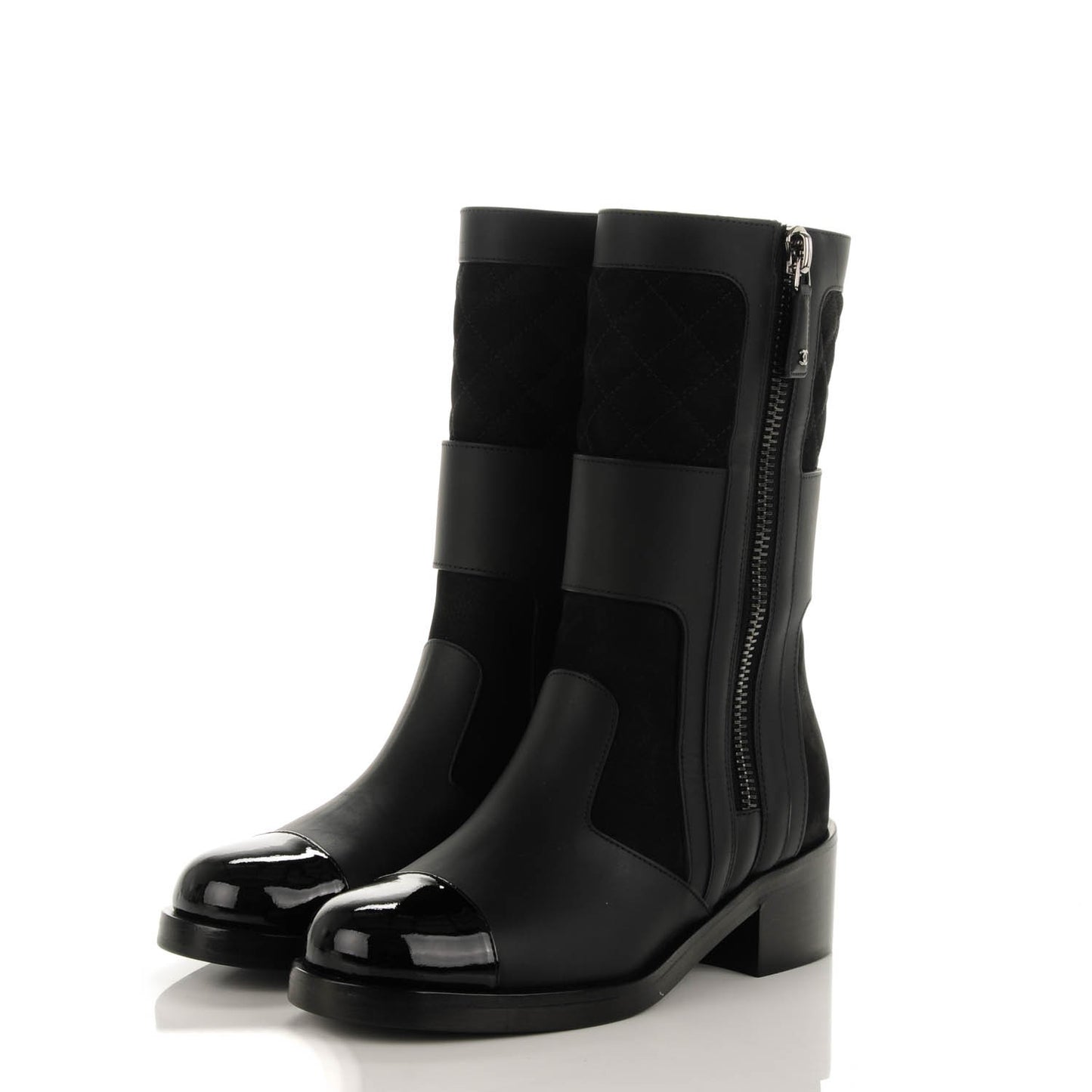 Calfskin Quilted Patent Cap Toe Boots 35.5 Black