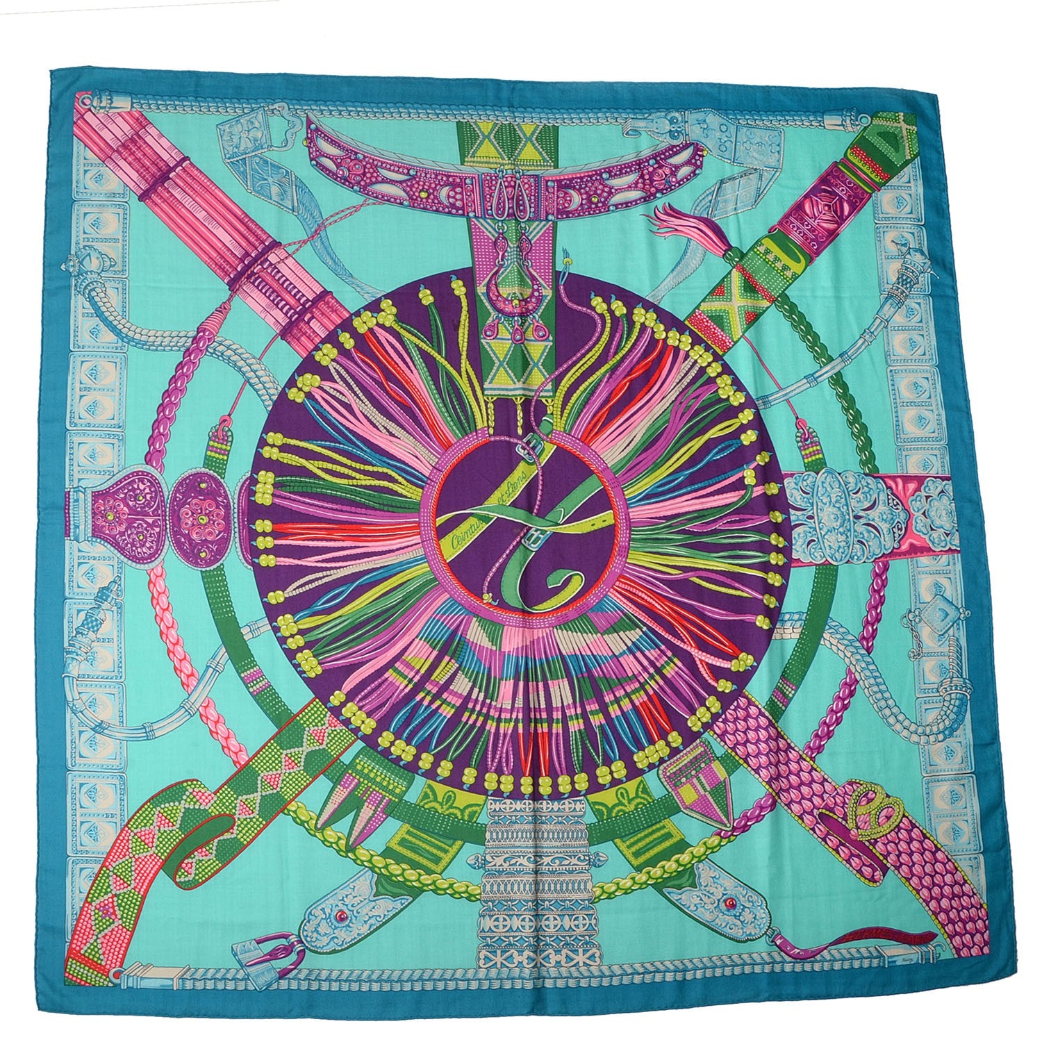 Hermes Cashmere Silk Ceintures et Liens Shawl 140 Aqua Violet Turquoise 2 of 5